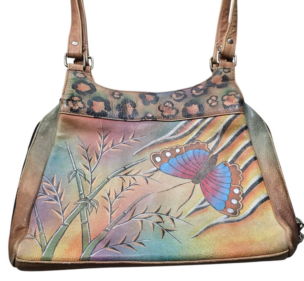 Anuschka Butterfly Bamboo Hand Painted Leather Purse Crossbody Shoulder Bag